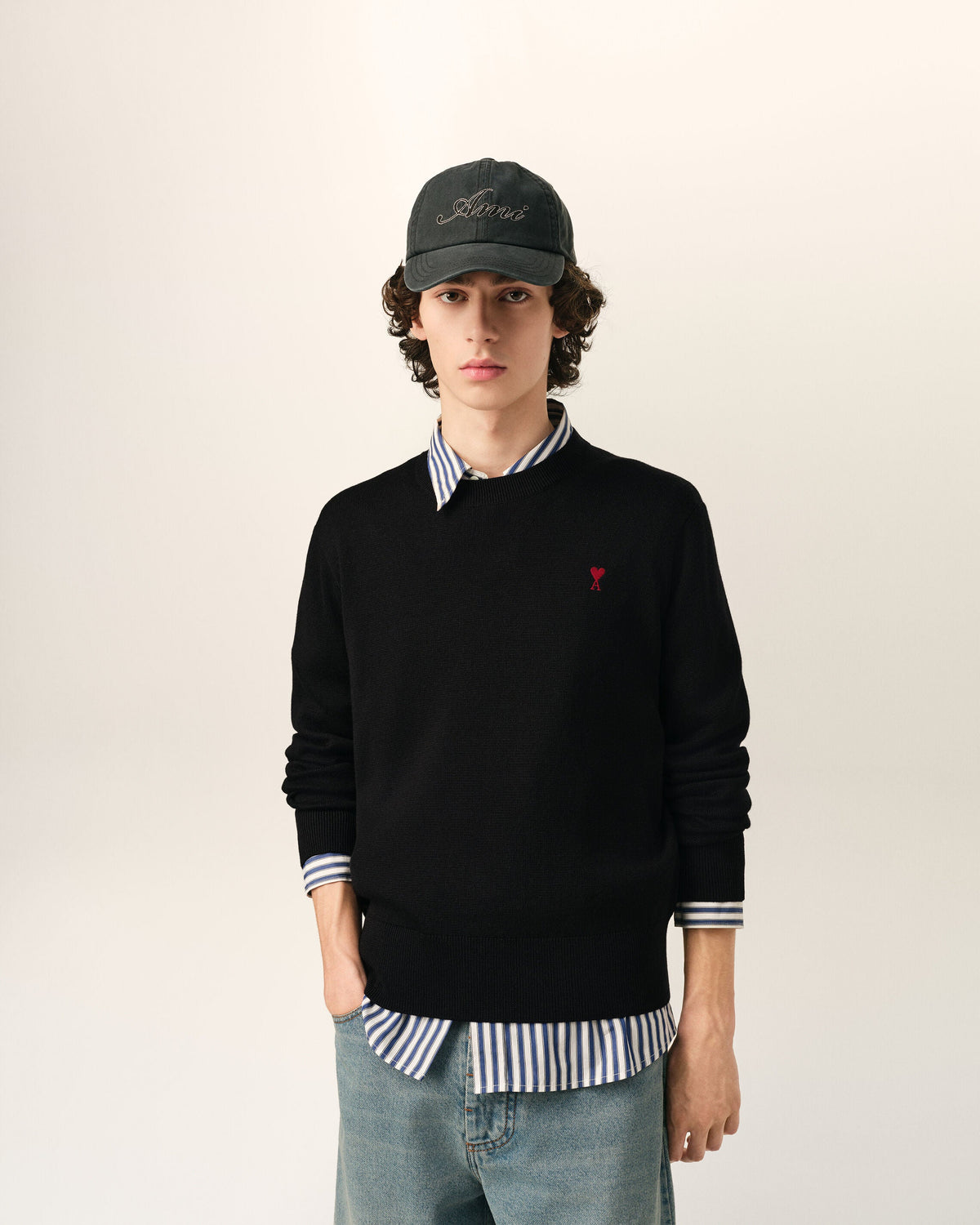 AMI Paris Ami de Cœur Small Logo Crewneck Sweater — Black / Red — styled front view