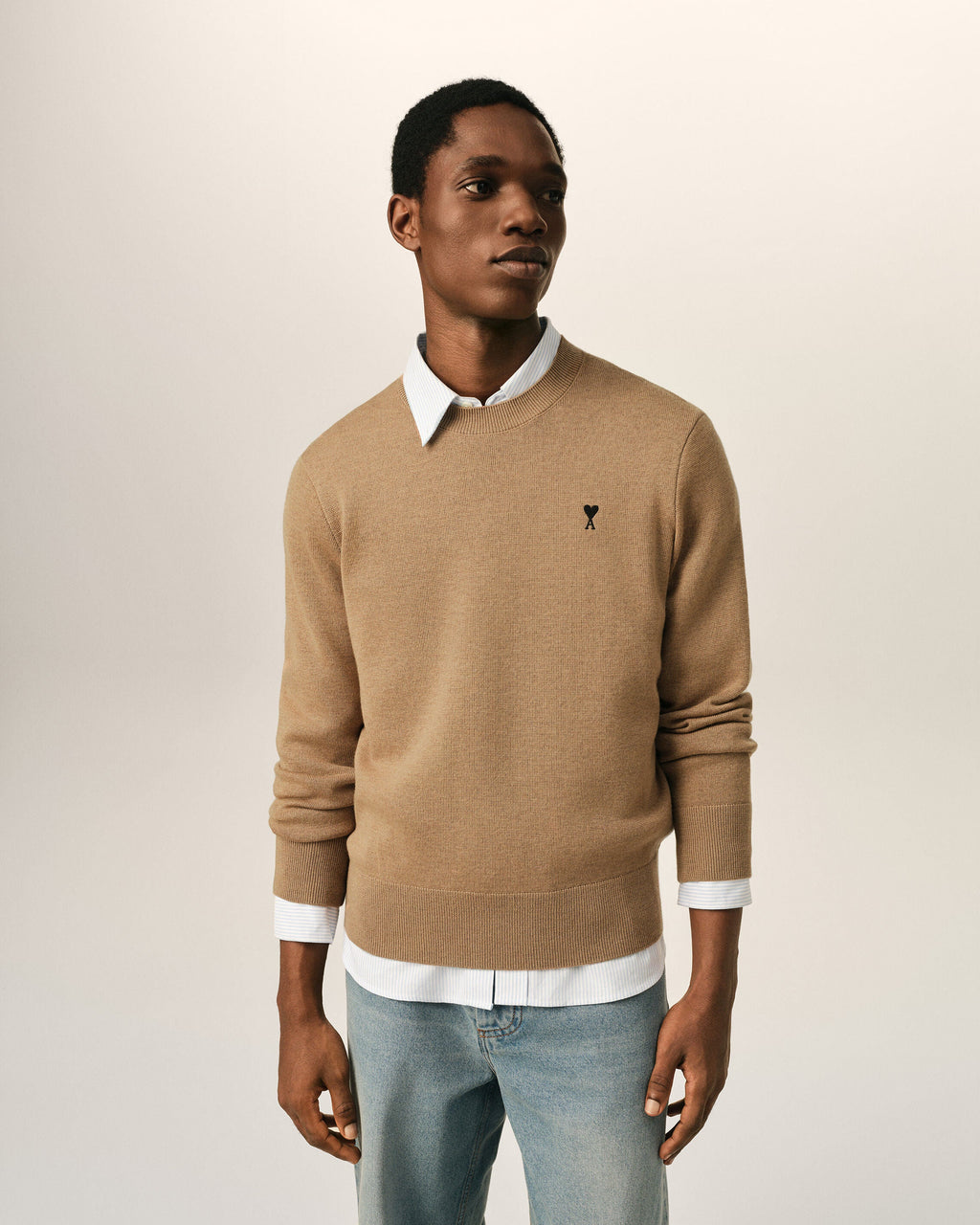 AMI Paris Ami de Cœur Small Logo Crewneck Sweater — Camel / Black — styled front view