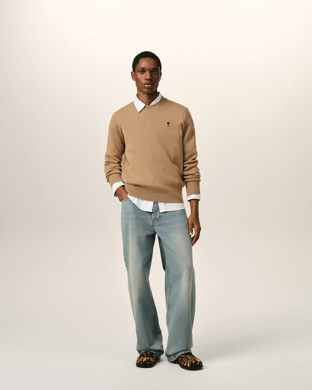 AMI Paris Ami de Cœur Small Logo Crewneck Sweater — Camel / Black — styled front view