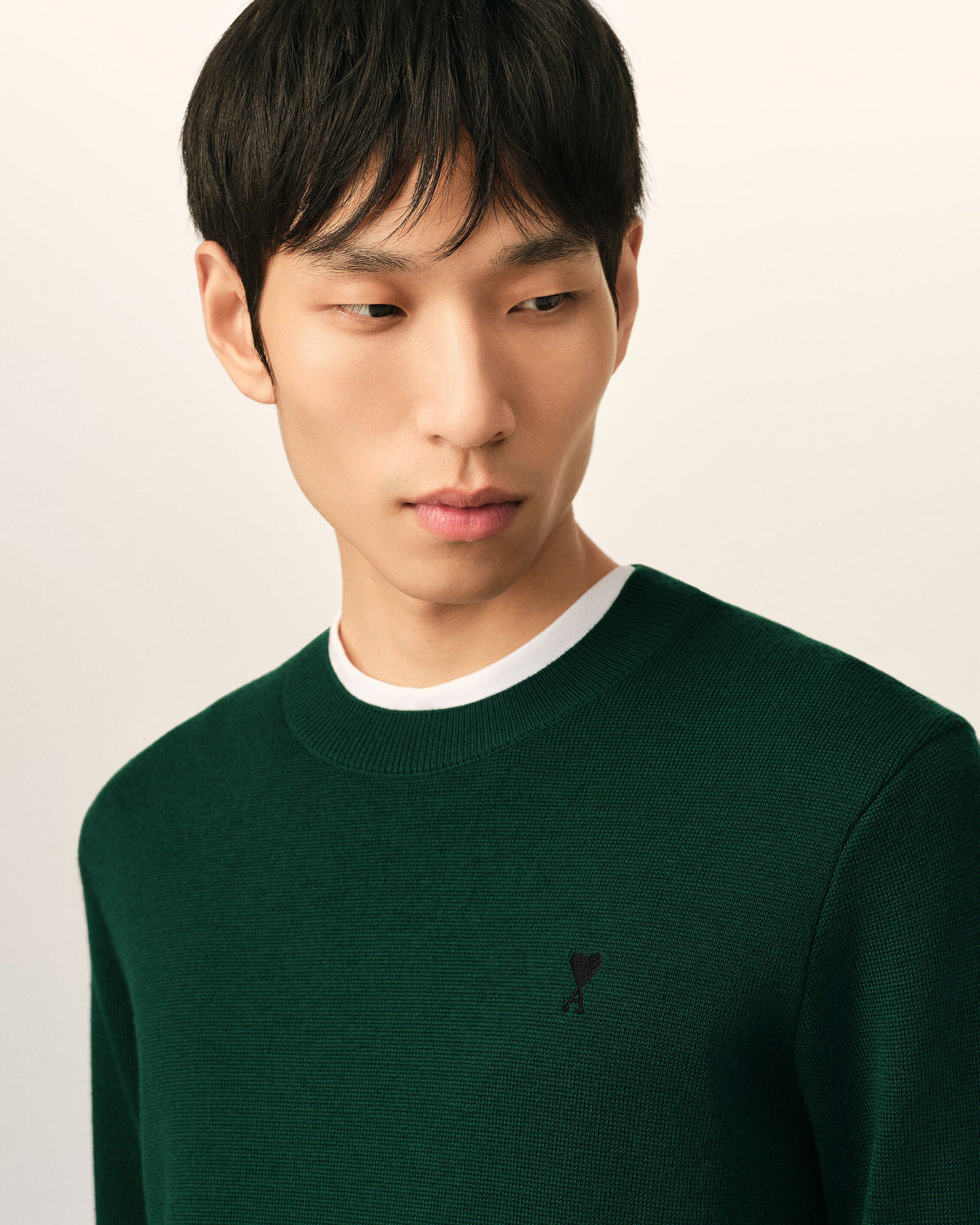 AMI Paris Ami de Cœur Small Logo Crewneck Sweater — Forest Green / Tonal — logo and knit detail