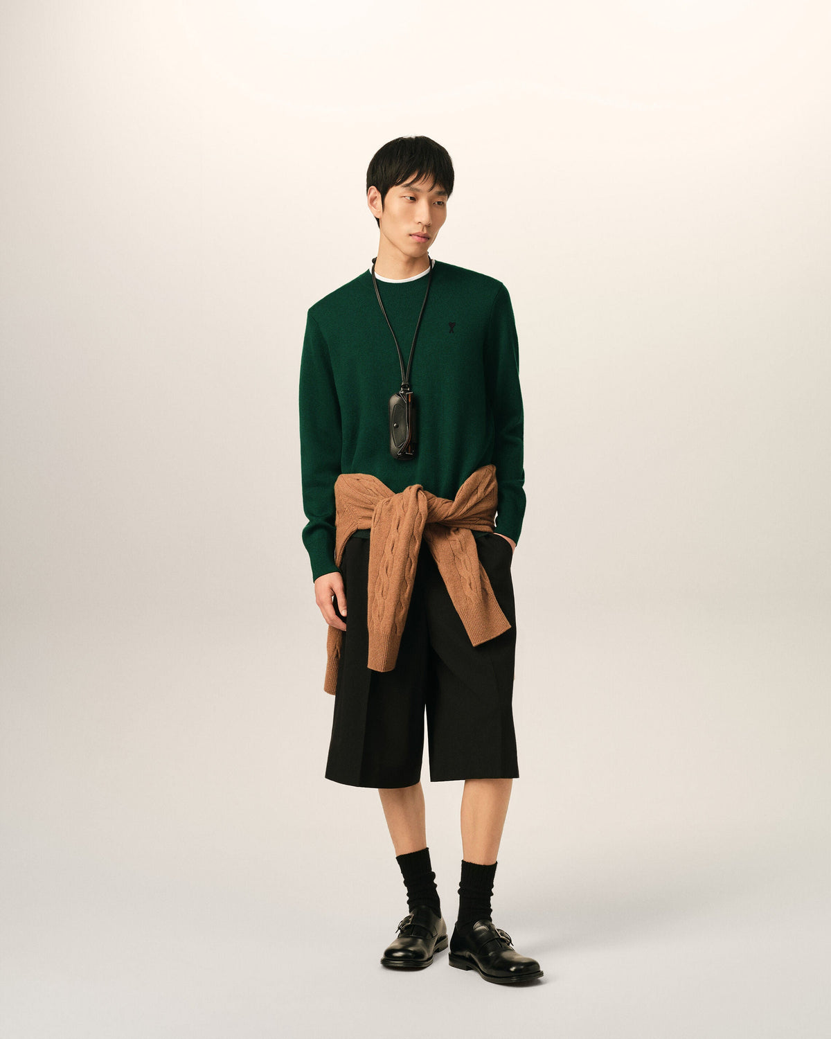 AMI Paris Ami de Cœur Small Logo Crewneck Sweater — Forest Green / Tonal — styled front view