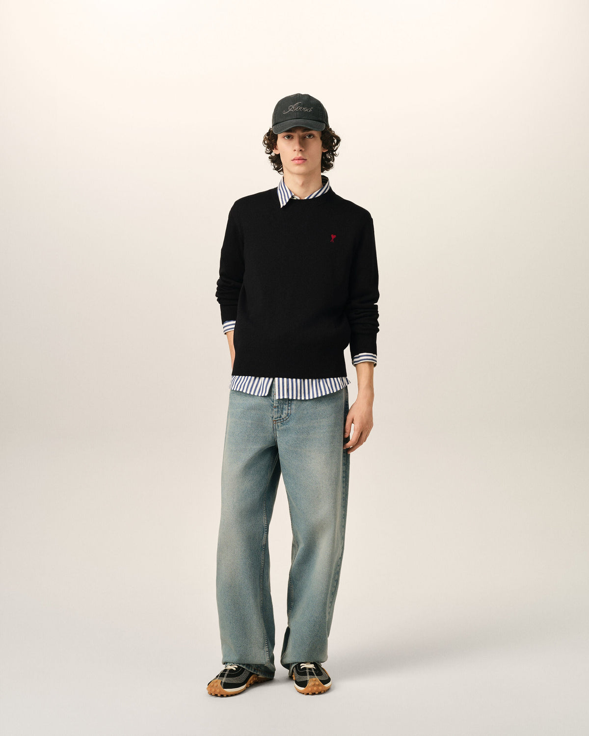 AMI Paris Ami de Cœur Small Logo Crewneck Sweater — Black / Red — styled front view