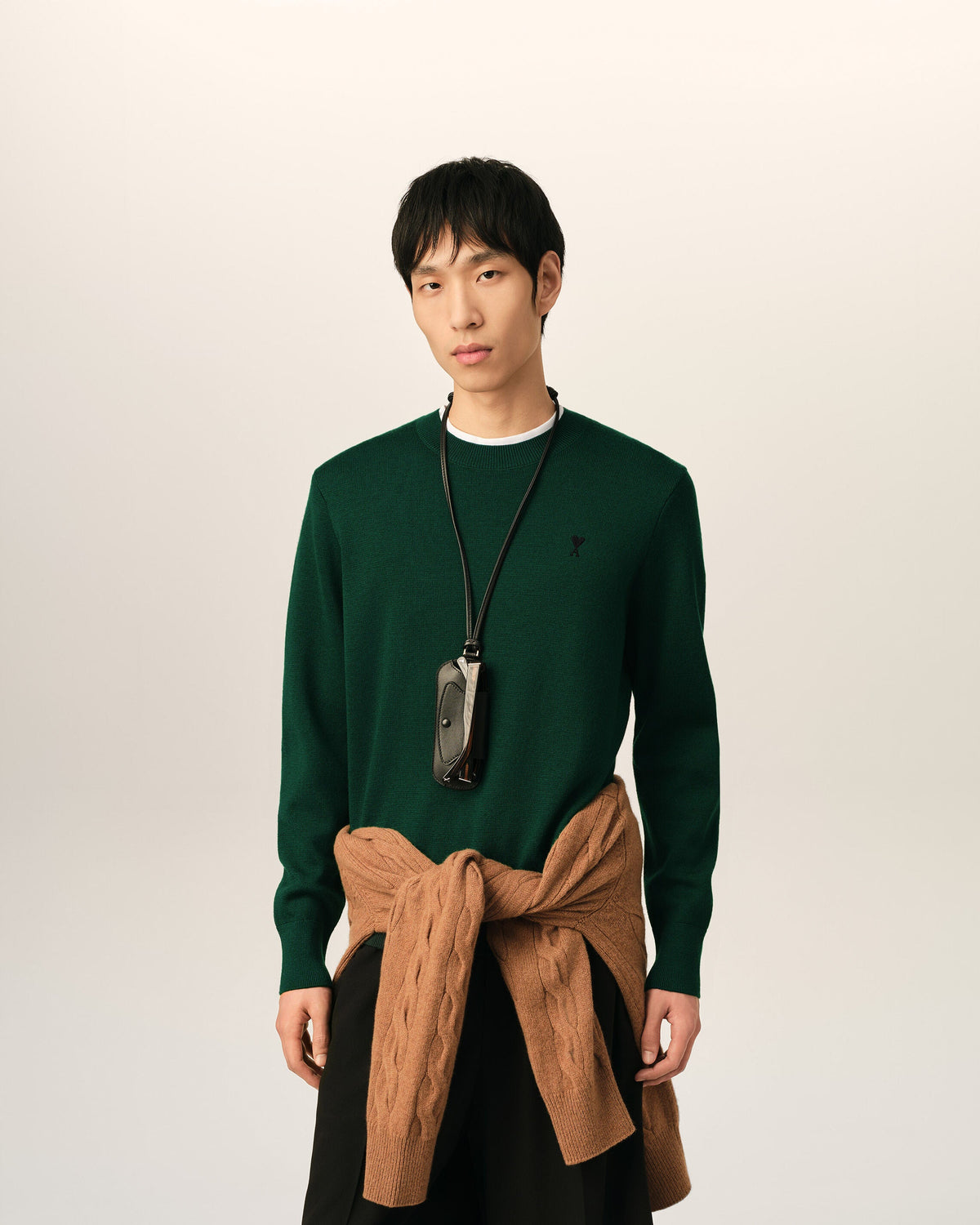 AMI Paris Ami de Cœur Small Logo Crewneck Sweater — Forest Green / Tonal — styled front view