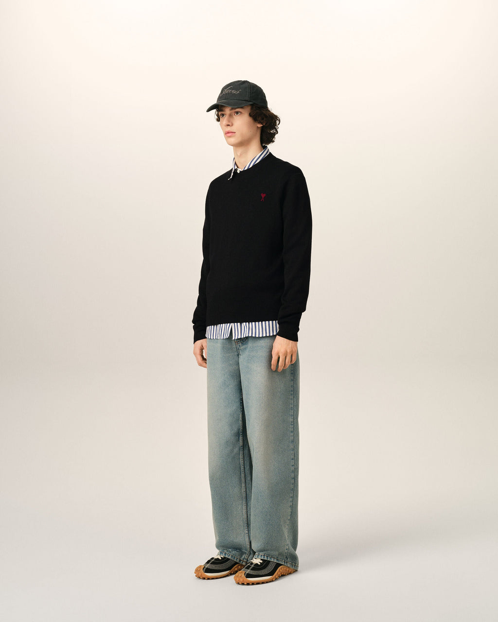 AMI Paris Ami de Cœur Small Logo Crewneck Sweater — Black / Red — styled back view