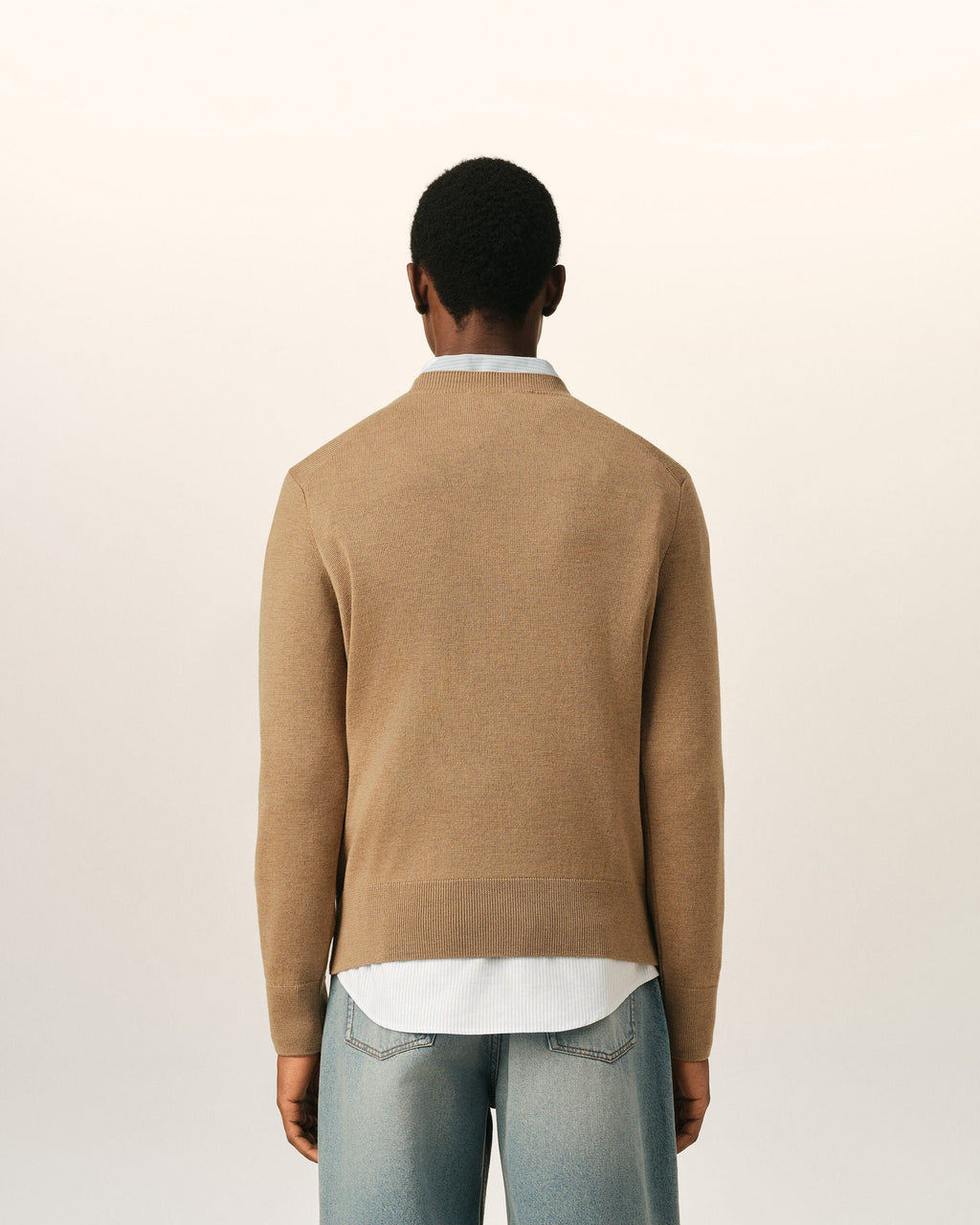 AMI Paris Ami de Cœur Small Logo Crewneck Sweater — Camel / Black — styled back view