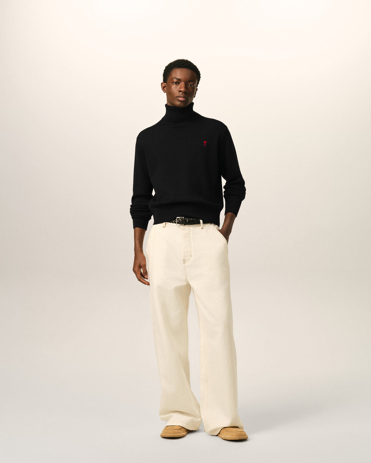 AMI Paris Ami de Cœur Small Logo Turtleneck Sweater — Black / Red — styled front view