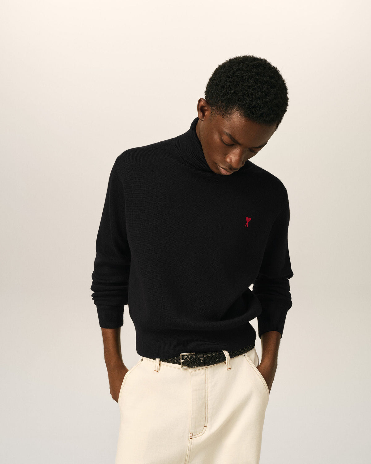 AMI Paris Ami de Cœur Small Logo Turtleneck Sweater — Black / Red — styled front view