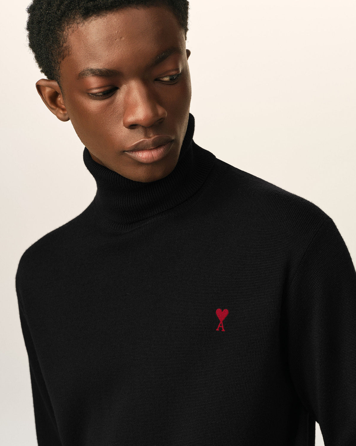 AMI Paris Ami de Cœur Small Logo Turtleneck Sweater — Black / Red — logo and knit detail