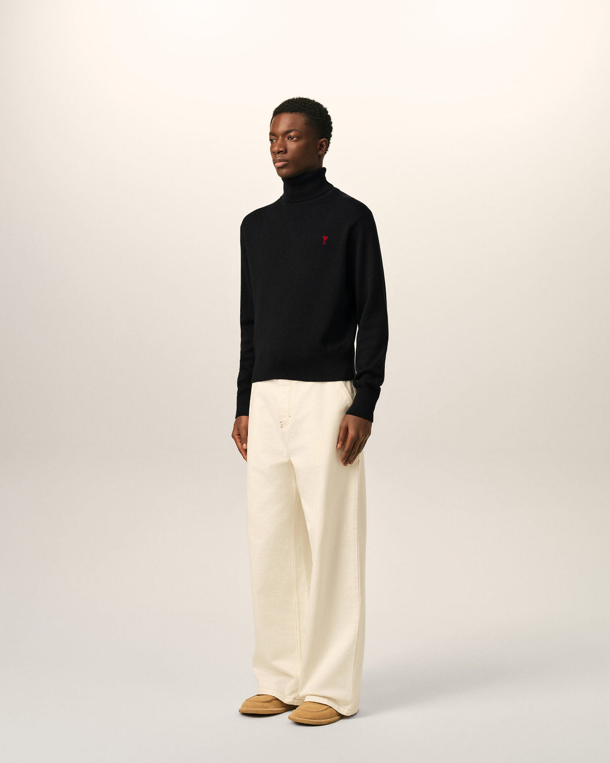AMI Paris Ami de Cœur Small Logo Turtleneck Sweater — Black / Red — styled side view