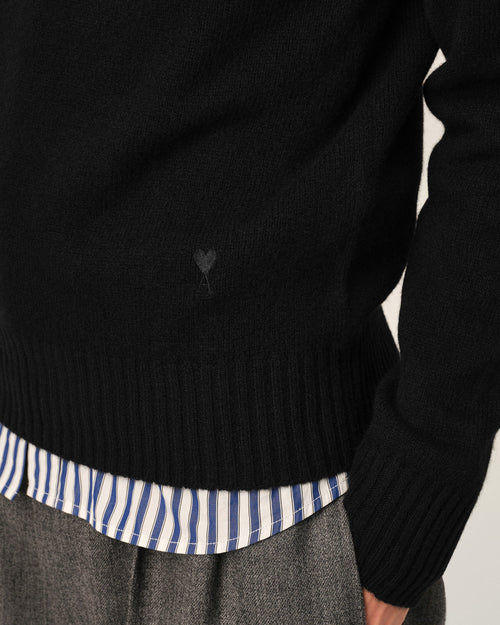AMI Paris Ami de Cœur Fine Knit Small Logo Crewneck Sweater — Black / Tonal — logo and knit detail