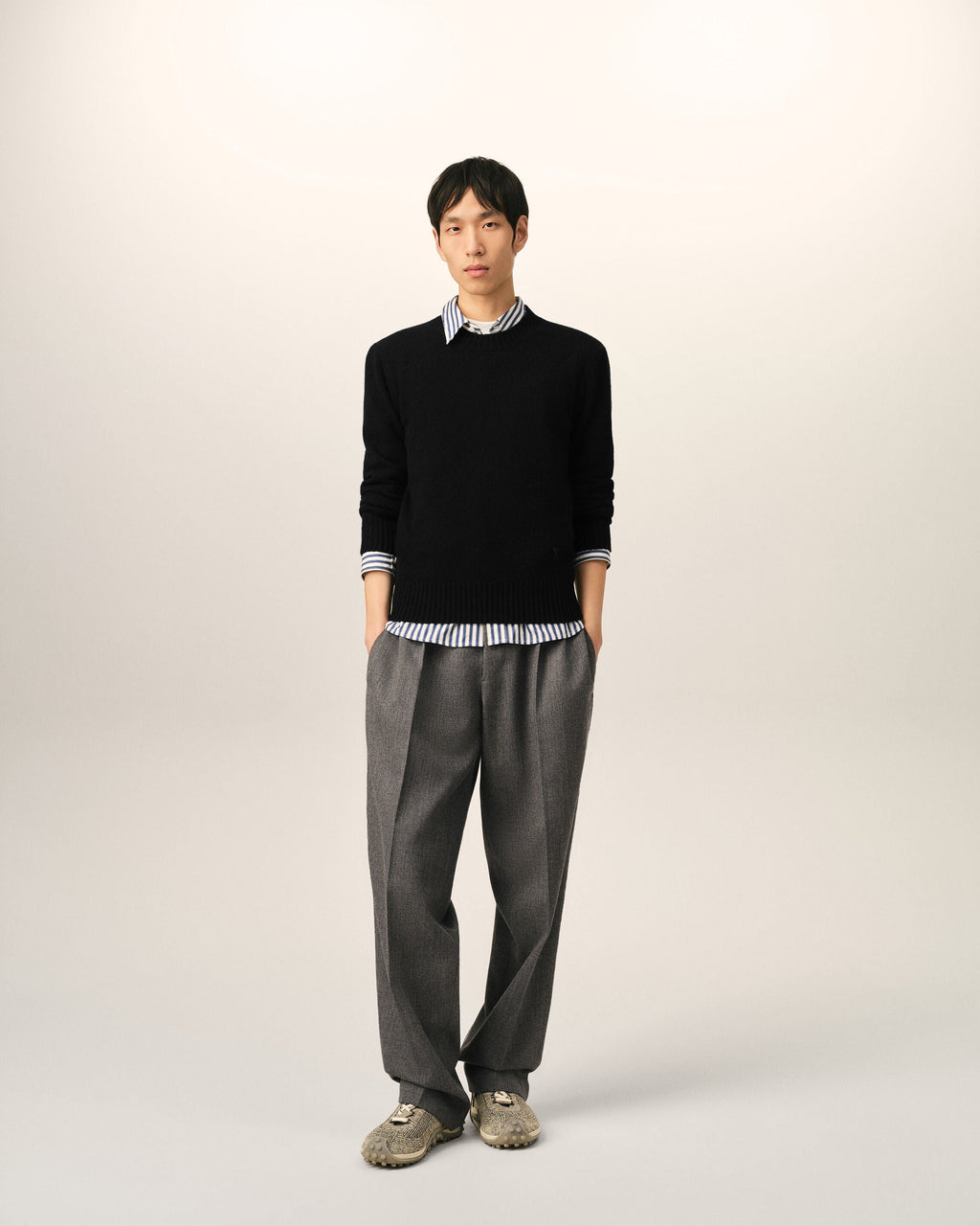AMI Paris Ami de Cœur Fine Knit Small Logo Crewneck Sweater — Black / Tonal — styled front view