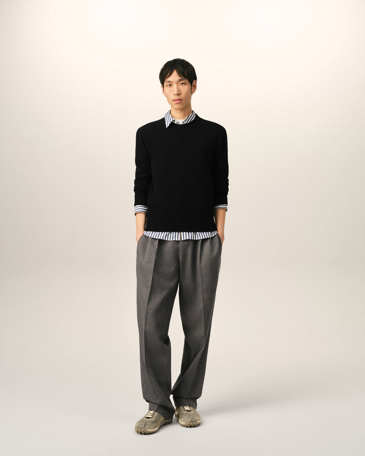AMI Paris Ami de Cœur Fine Knit Small Logo Crewneck Sweater — Black / Tonal — styled front view