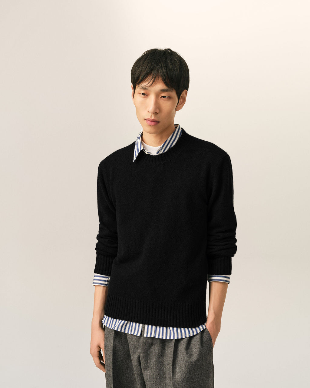 AMI Paris Ami de Cœur Fine Knit Small Logo Crewneck Sweater — Black / Tonal — styled front view