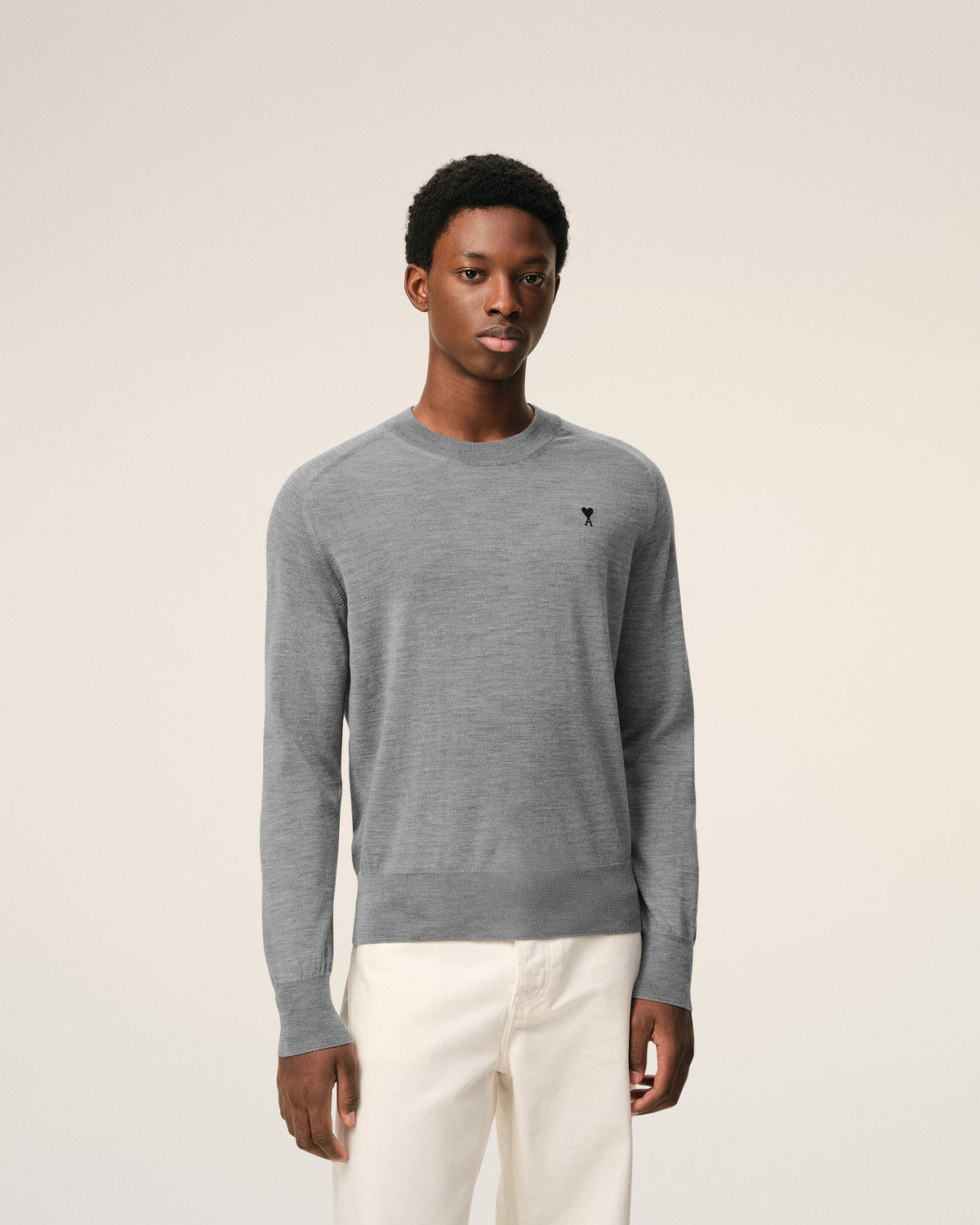 AMI Paris Ami de Cœur Fine Knit Small Logo Crewneck Sweater — Grey / Black — styled front view