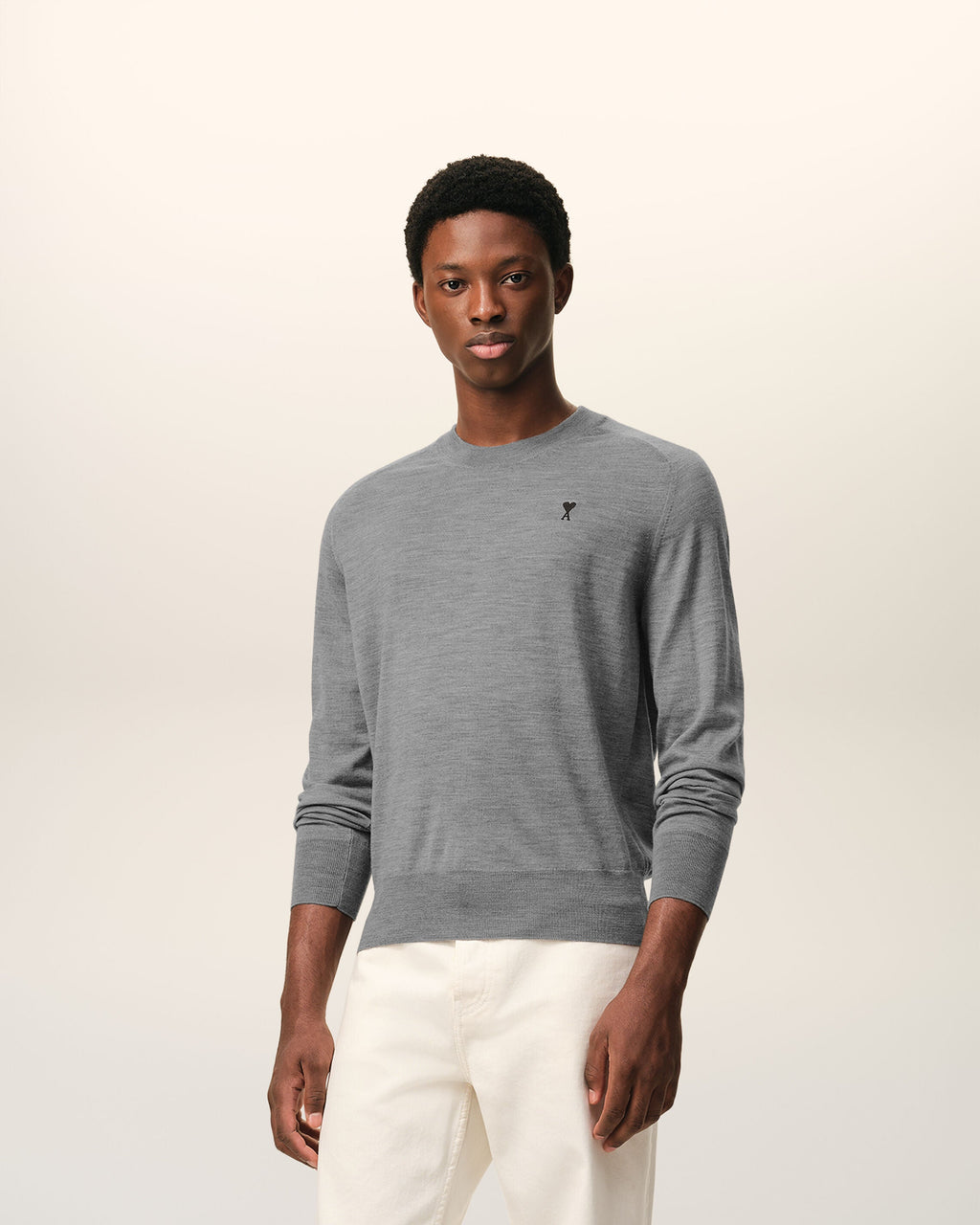AMI Paris Ami de Cœur Fine Knit Small Logo Crewneck Sweater — Grey / Black — styled front view