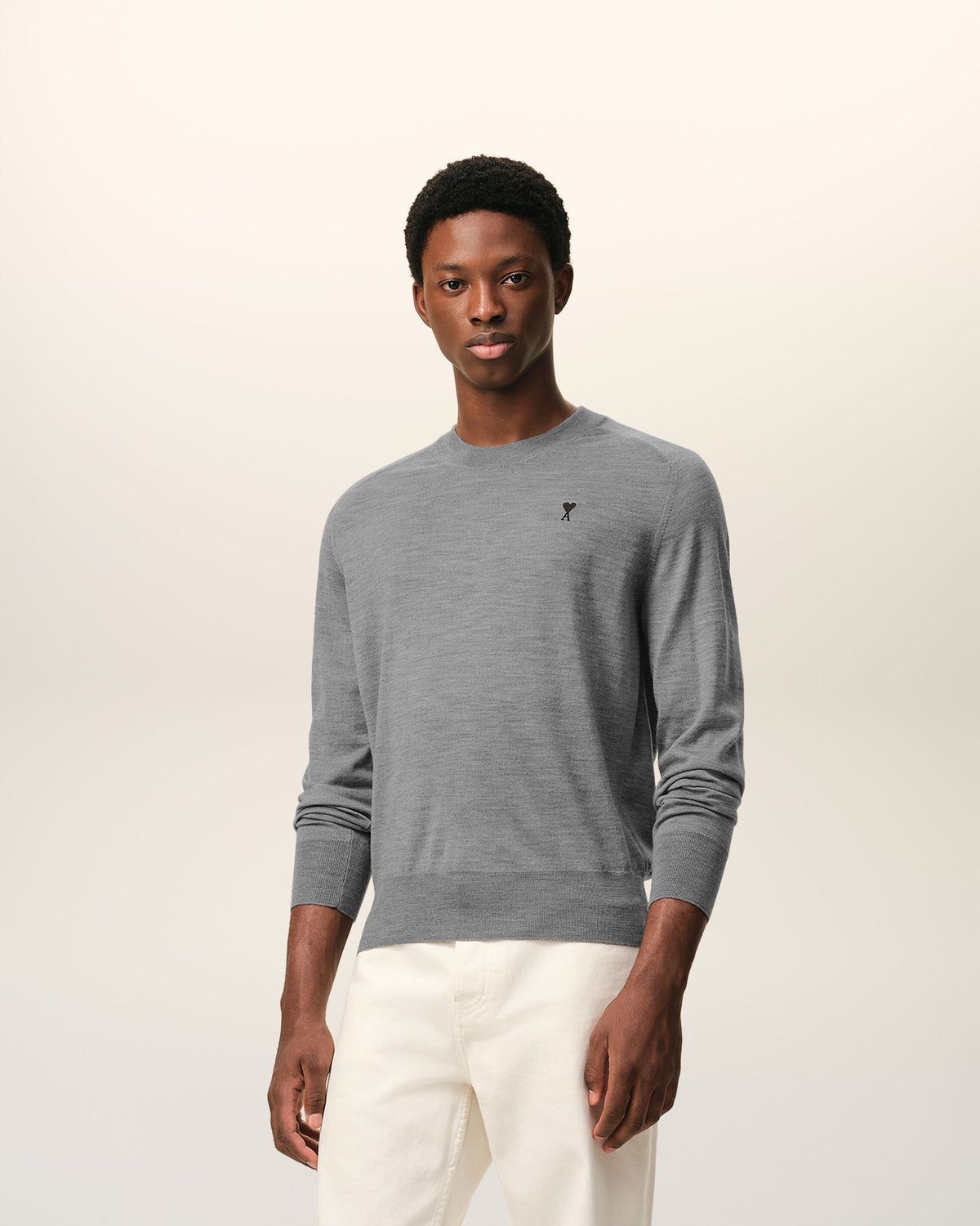 AMI Paris Ami de Cœur Fine Knit Small Logo Crewneck Sweater — Grey / Black — styled front view