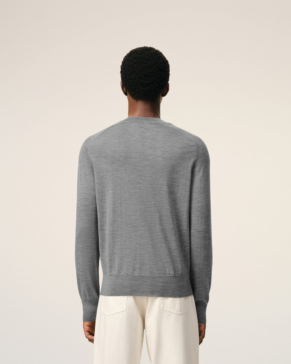 AMI Paris Ami de Cœur Fine Knit Small Logo Crewneck Sweater — Grey / Black — styled back view