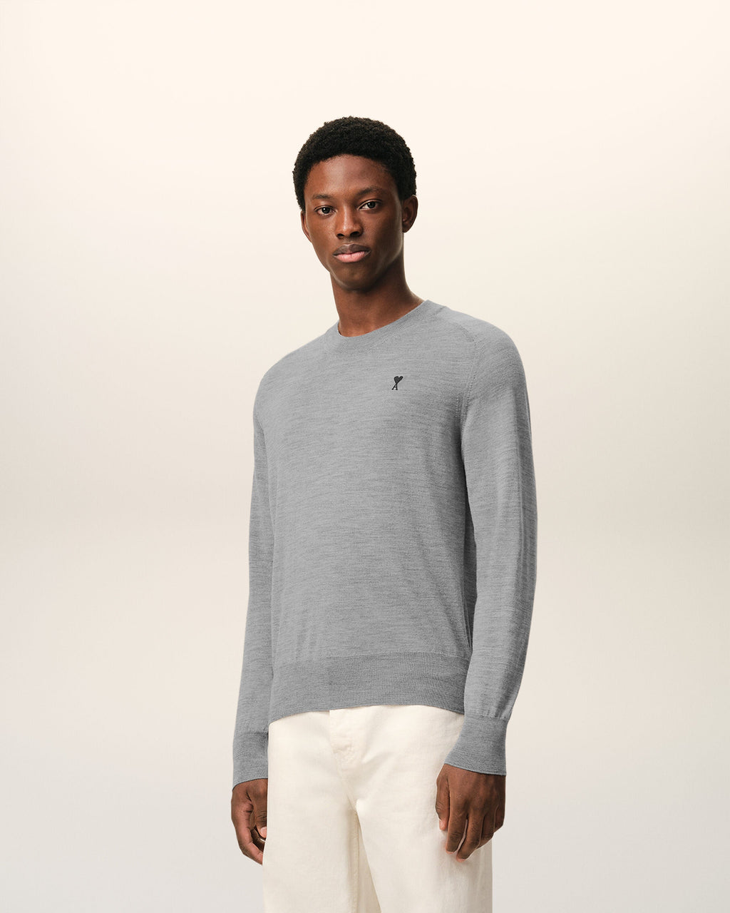 AMI Paris Ami de Cœur Fine Knit Small Logo Crewneck Sweater — Grey / Black — styled side view