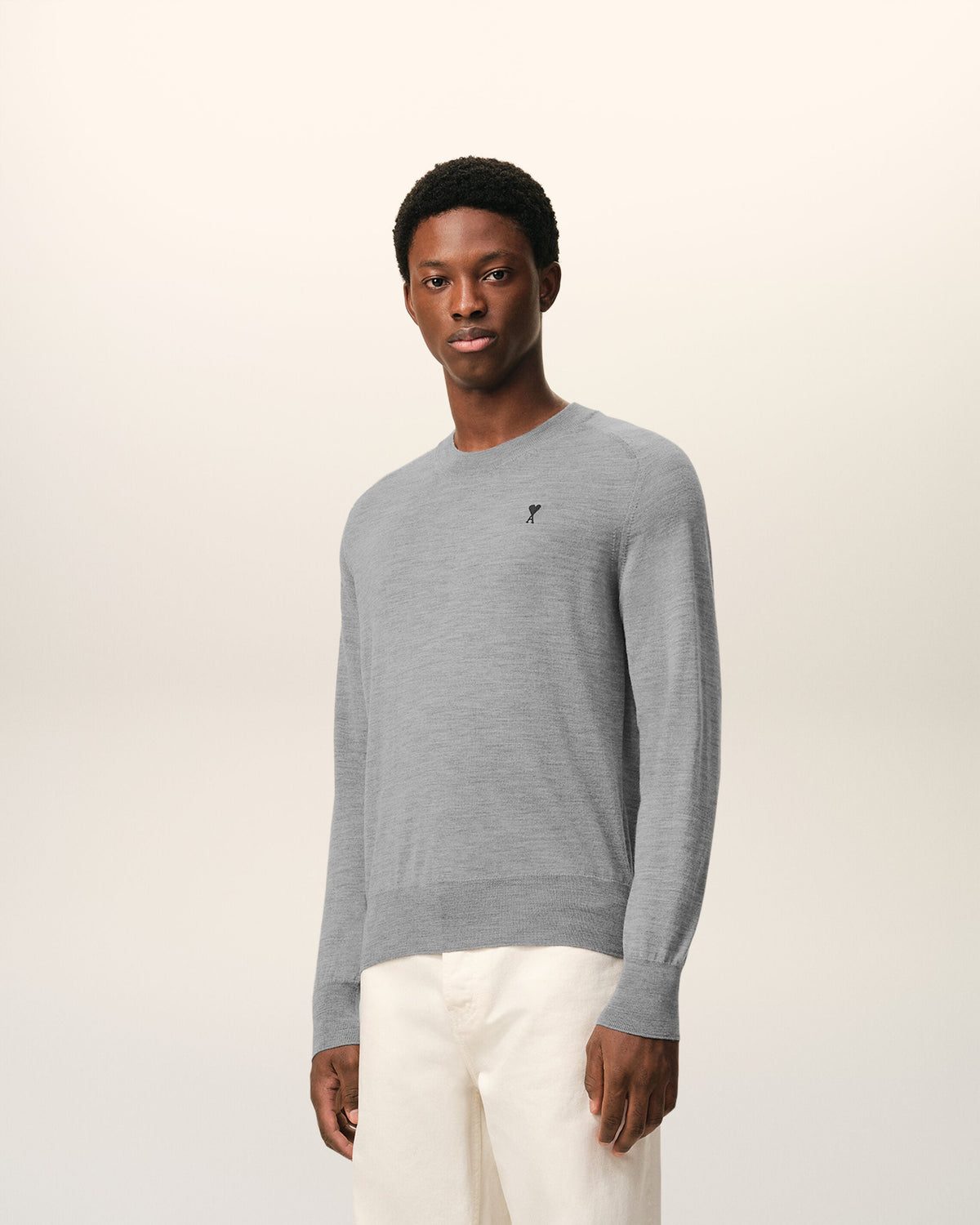 AMI Paris Ami de Cœur Fine Knit Small Logo Crewneck Sweater — Grey / Black — styled side view