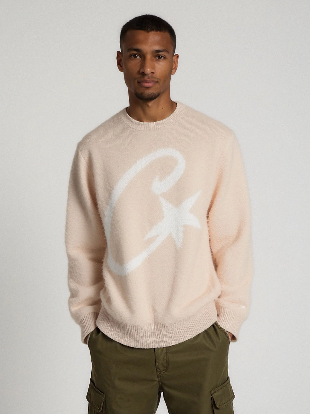 Corteiz C-Star Knit Sweater — Cream — on-body view