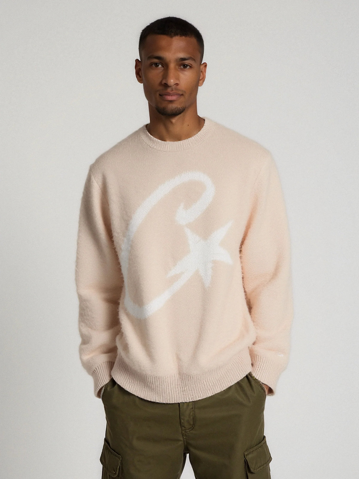 Corteiz C-Star Knit Sweater — Cream — on-body view