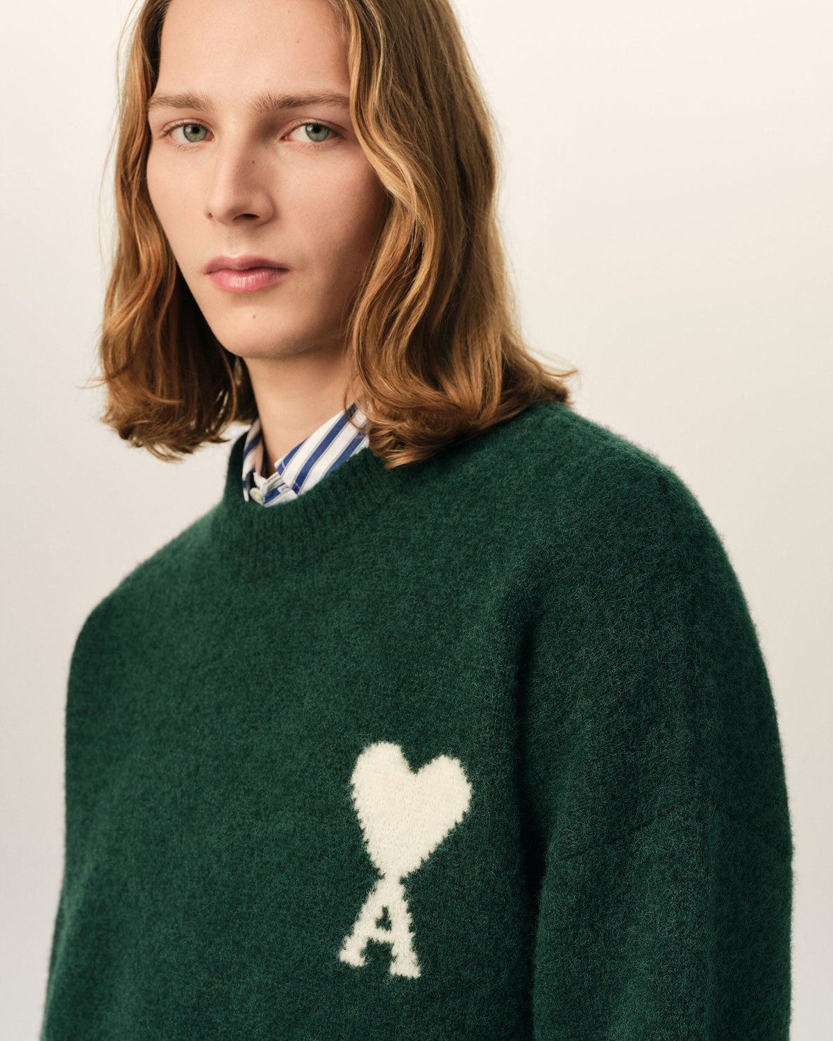 AMI Paris Ami de Cœur Textured Logo Crewneck Sweater — Forest Green / Ivory — logo and knit detail