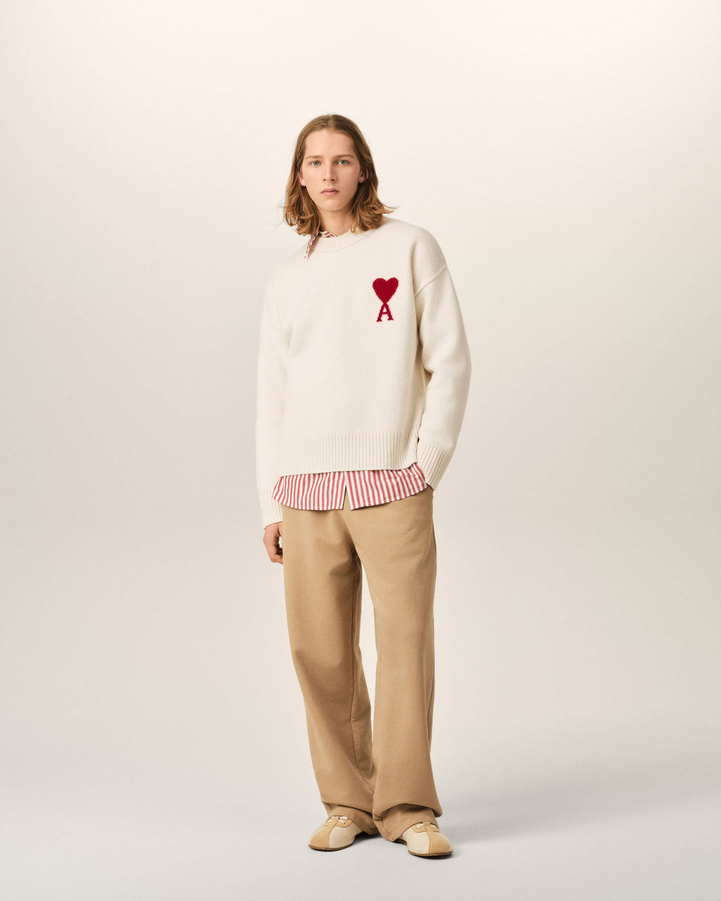 AMI Paris Ami de Cœur Large Logo Crewneck Sweater — Ecru / Red — styled front view