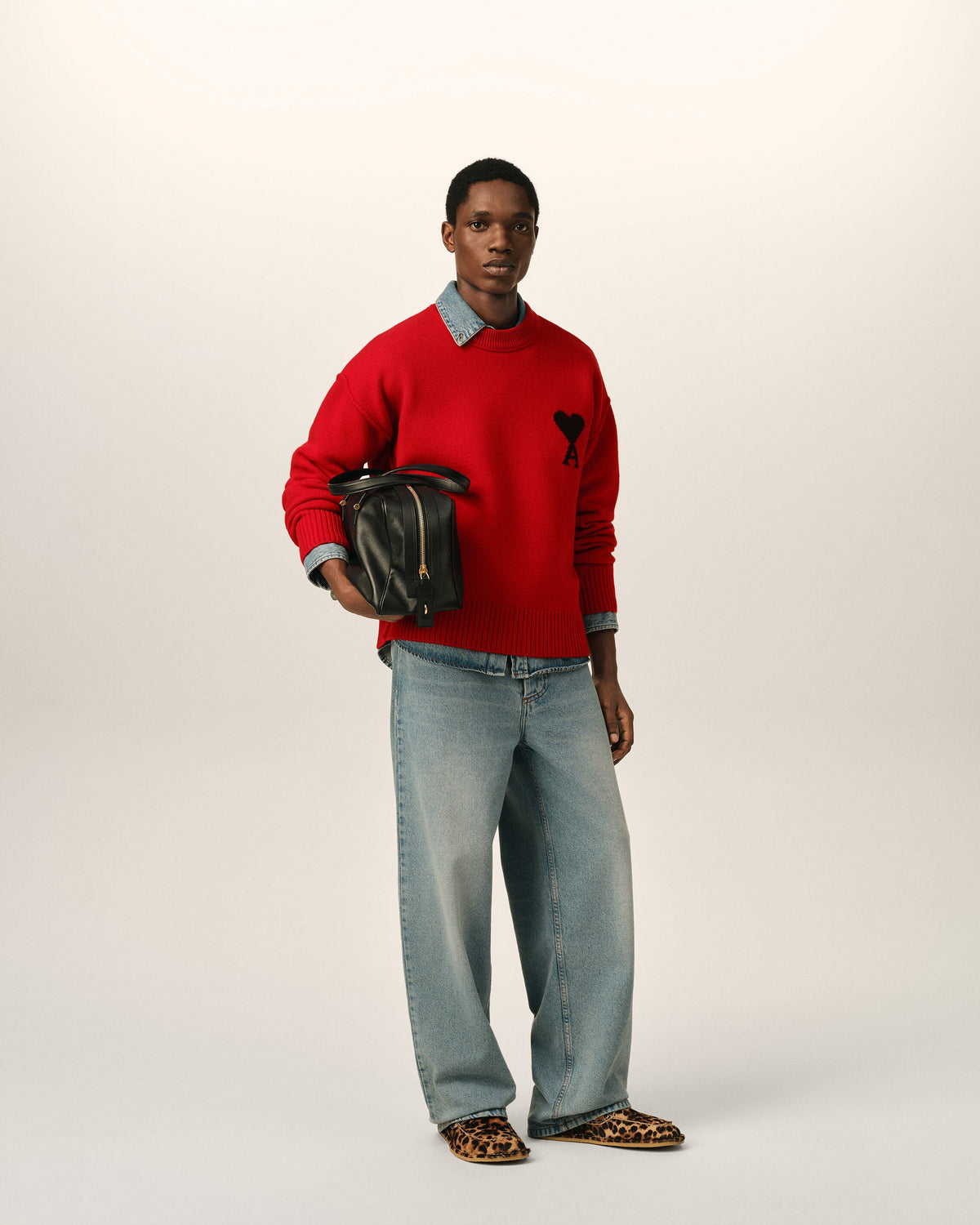 AMI Paris Ami de Cœur Large Logo Crewneck Sweater — Red / Black — styled front view