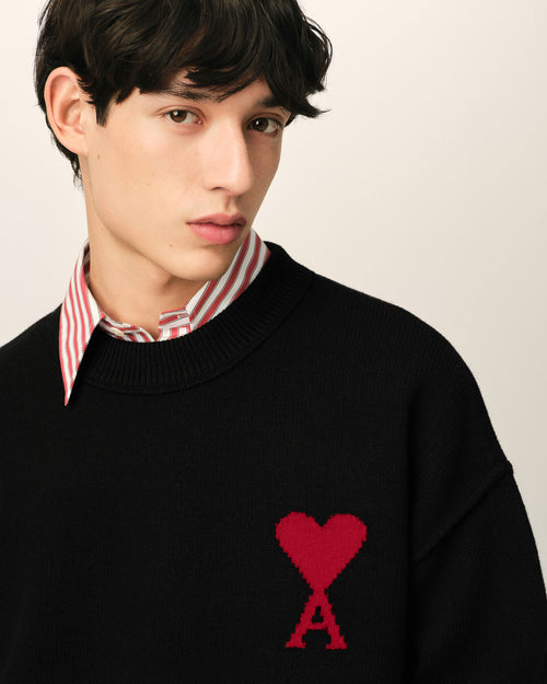 AMI Paris Ami de Cœur Large Logo Crewneck Sweater — Black / Red — logo and knit detail
