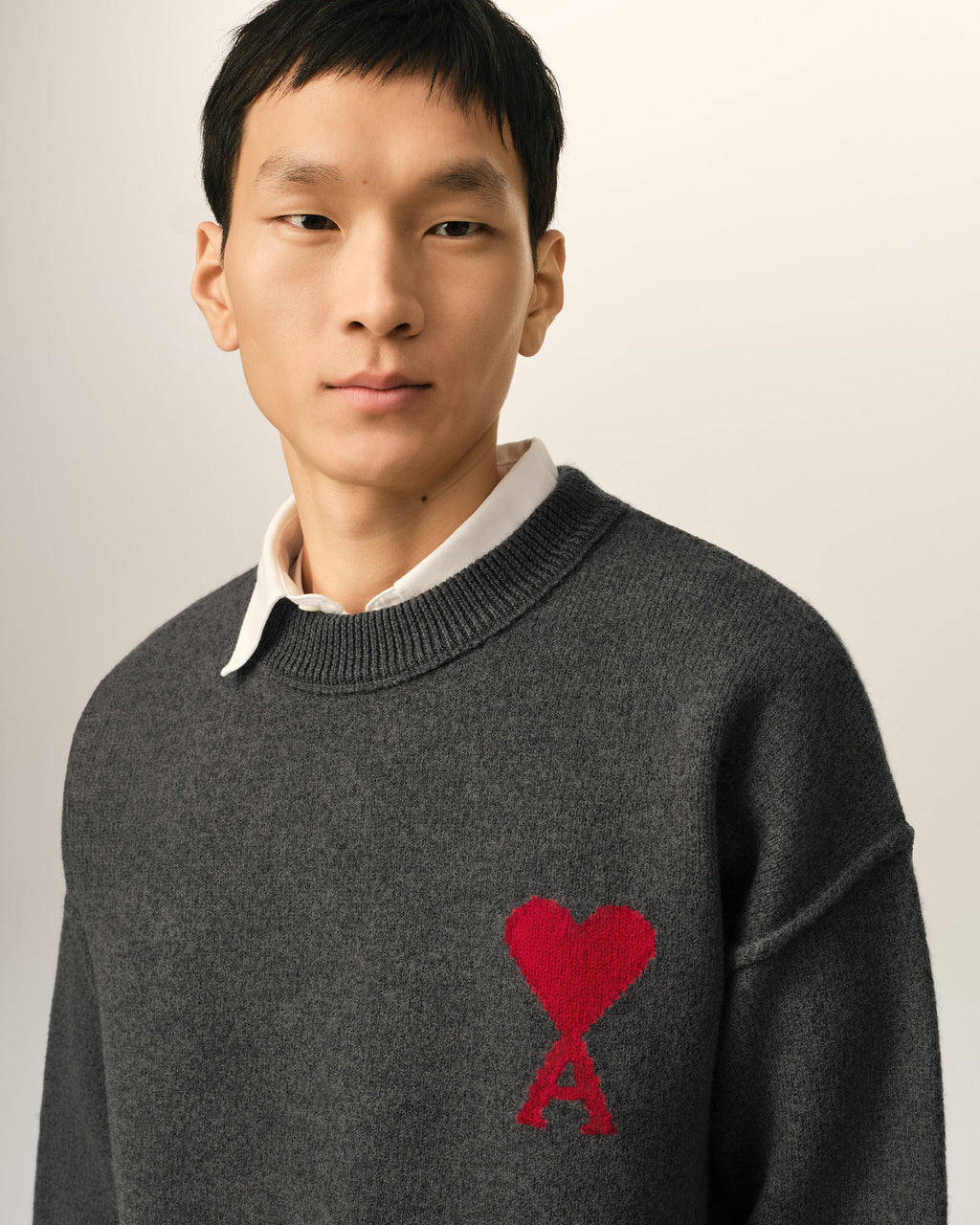 AMI Paris Ami de Cœur Large Logo Crewneck Sweater — Charcoal / Red — logo and knit detail