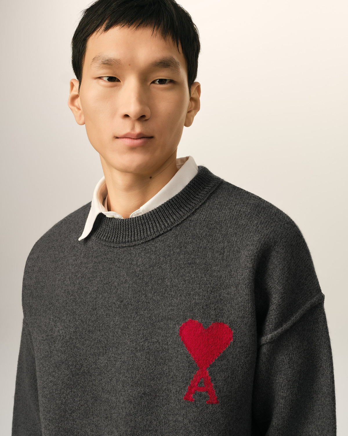 AMI Paris Ami de Cœur Large Logo Crewneck Sweater — Charcoal / Red — logo and knit detail