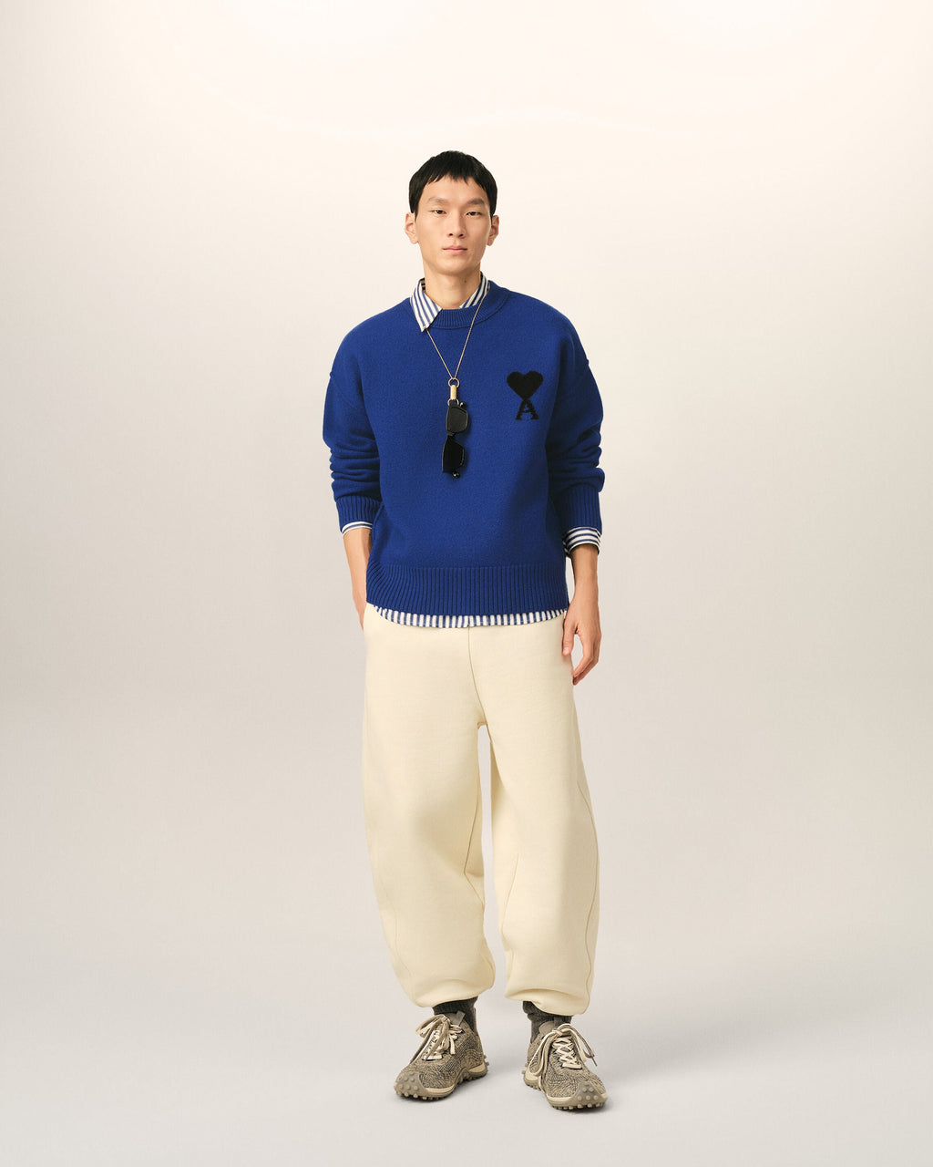 AMI Paris Ami de Cœur Large Logo Crewneck Sweater — Royal Blue / Black — styled front view
