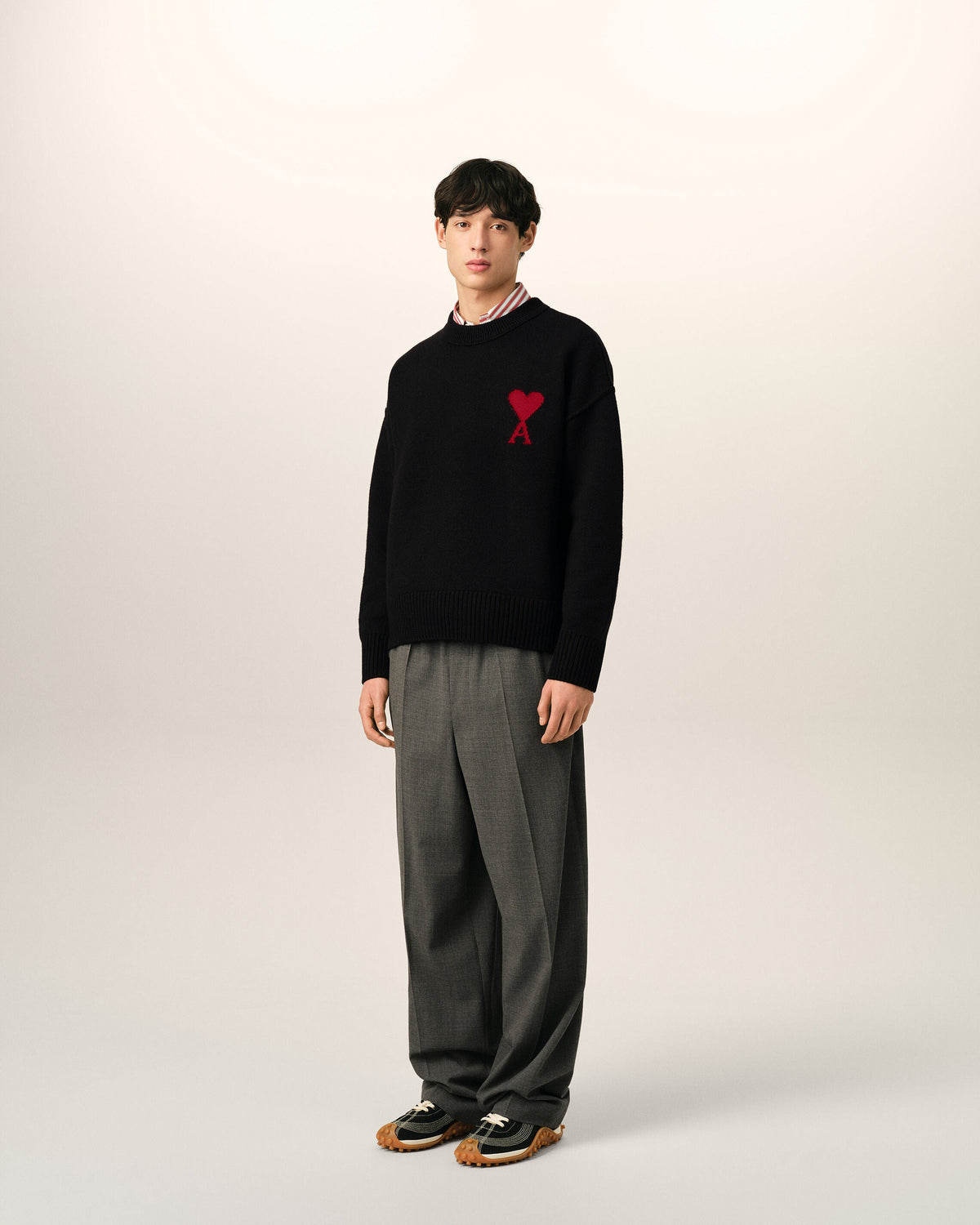 AMI Paris Ami de Cœur Large Logo Crewneck Sweater — Black / Red — styled side view