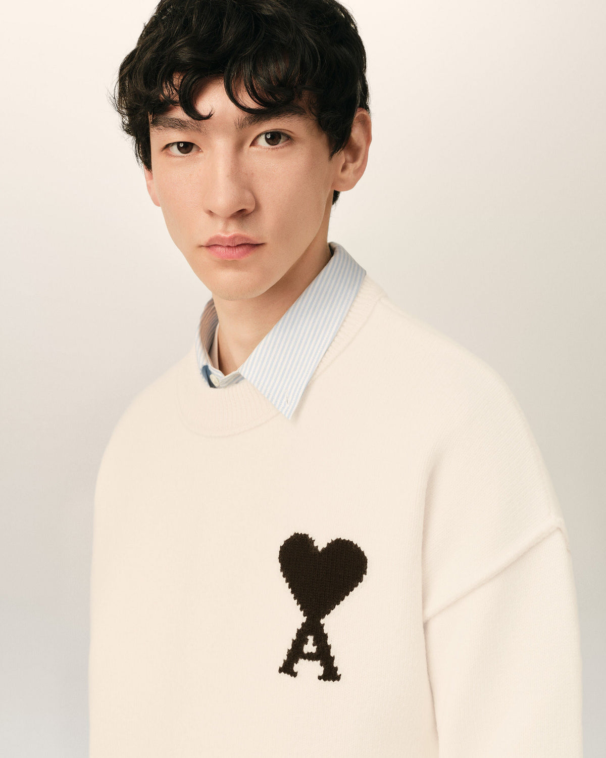 AMI Paris Ami de Cœur Large Logo Crewneck Sweater — Ivory / Black — logo and knit detail