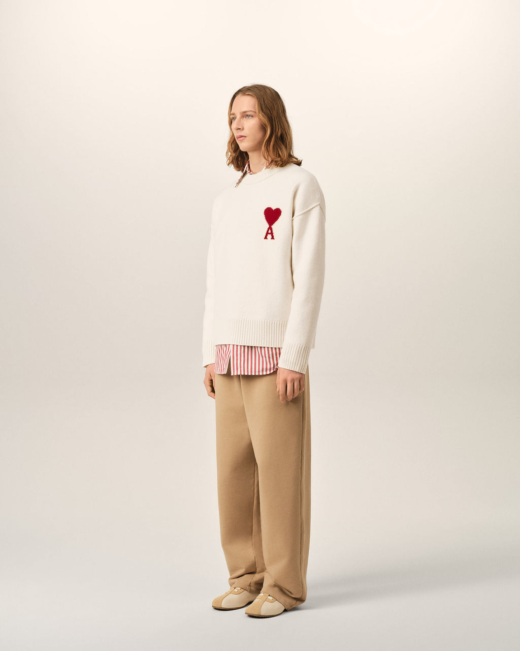 AMI Paris Ami de Cœur Large Logo Crewneck Sweater — Ecru / Red — styled side view