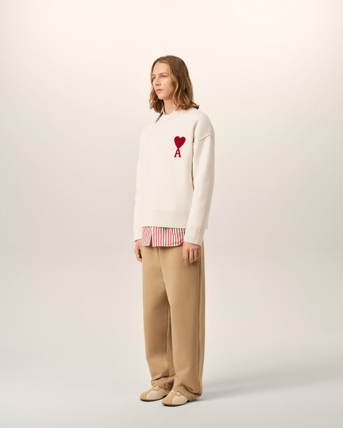 AMI Paris Ami de Cœur Large Logo Crewneck Sweater — Ecru / Red — styled side view