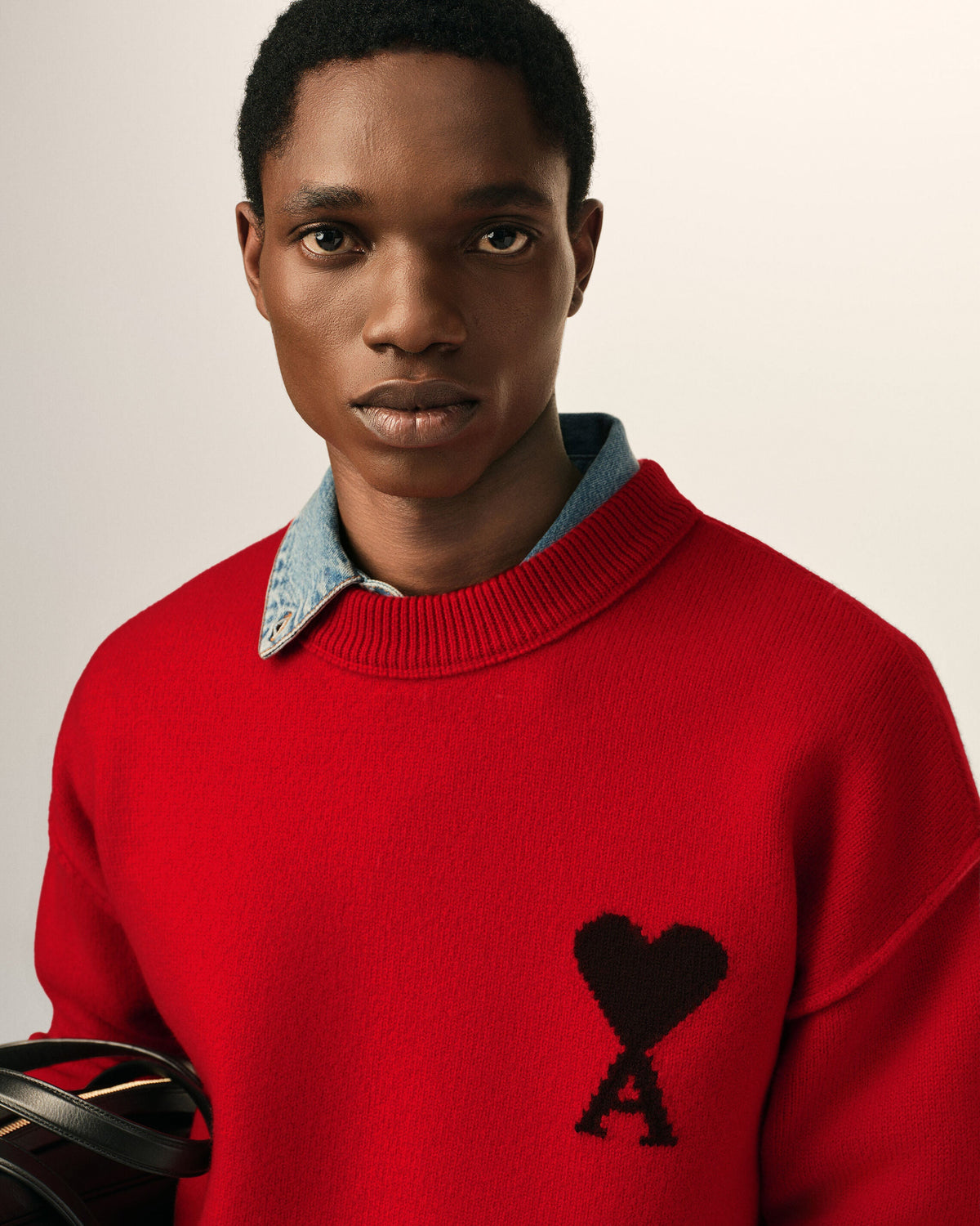 AMI Paris Ami de Cœur Large Logo Crewneck Sweater — Red / Black — logo and knit detail