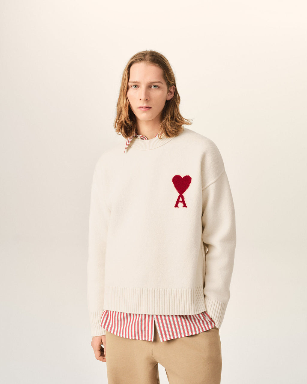 AMI Paris Ami de Cœur Large Logo Crewneck Sweater — Ecru / Red — styled front view