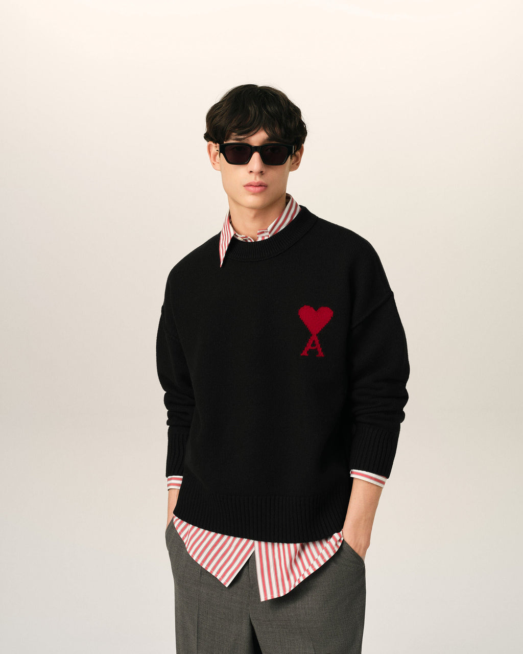 AMI Paris Ami de Cœur Large Logo Crewneck Sweater — Black / Red — styled front view