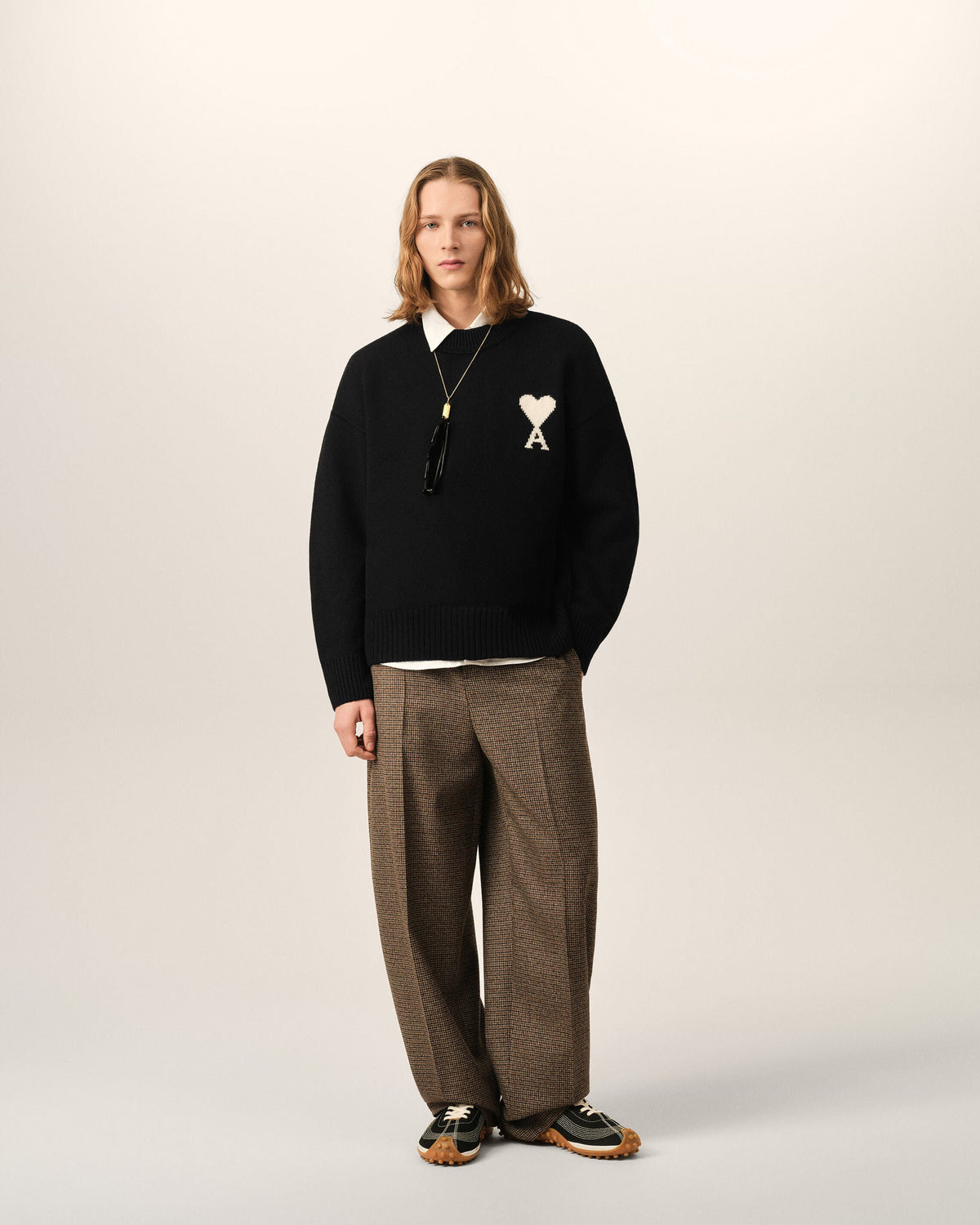 AMI Paris Ami de Cœur Large Logo Crewneck Sweater — Black / Ivory — styled front view