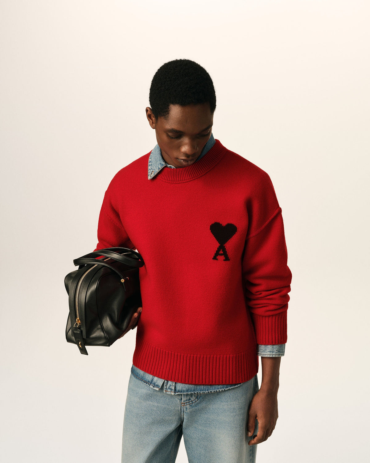 AMI Paris Ami de Cœur Large Logo Crewneck Sweater — Red / Black — styled front view
