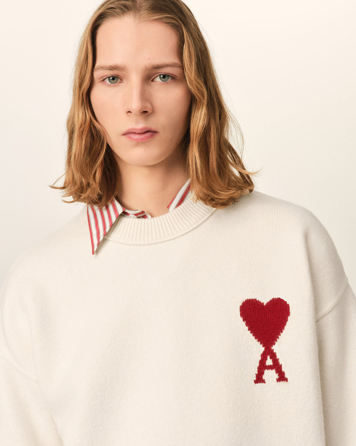 AMI Paris Ami de Cœur Large Logo Crewneck Sweater — Ecru / Red — logo and knit detail