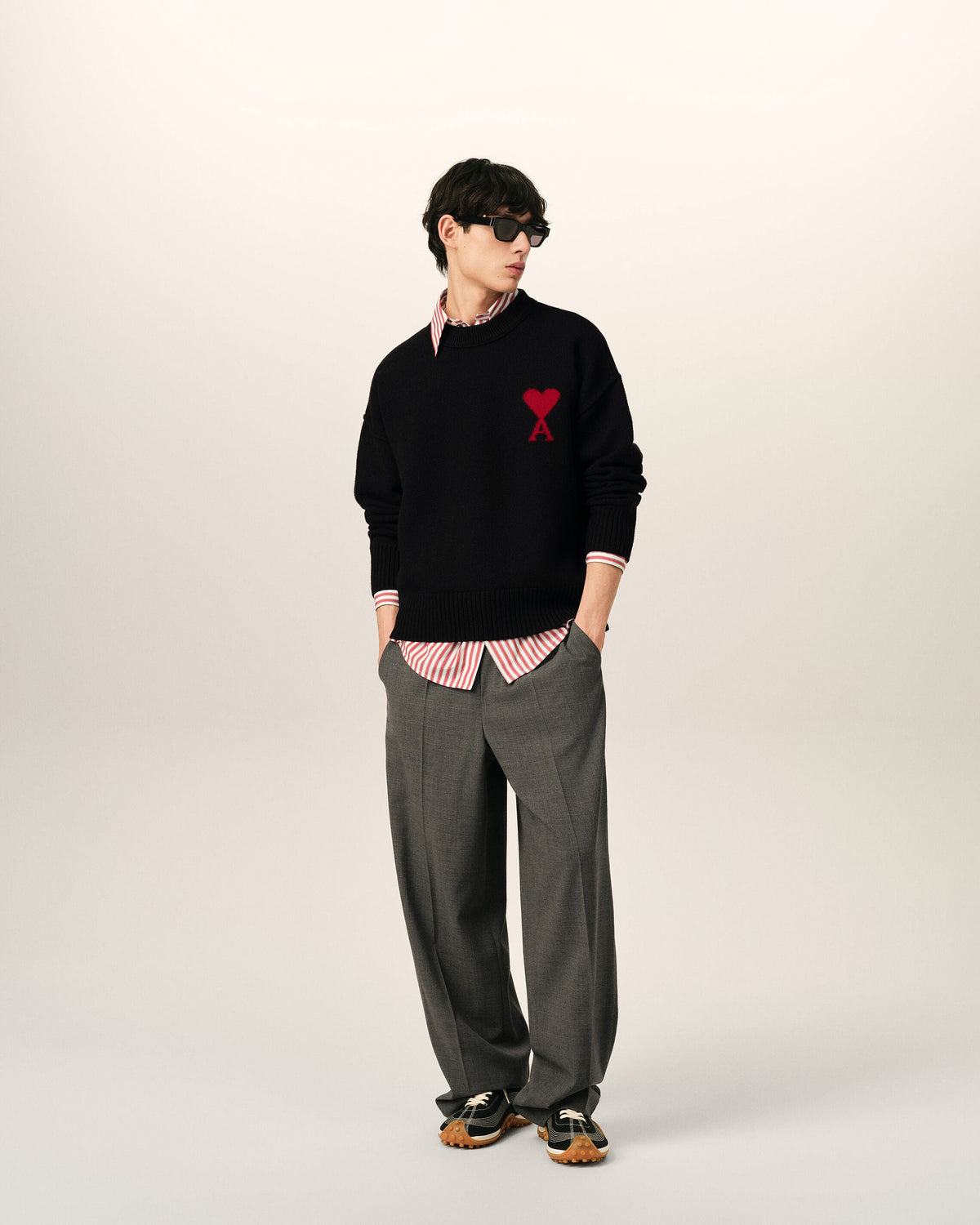 AMI Paris Ami de Cœur Large Logo Crewneck Sweater — Black / Red — styled front view