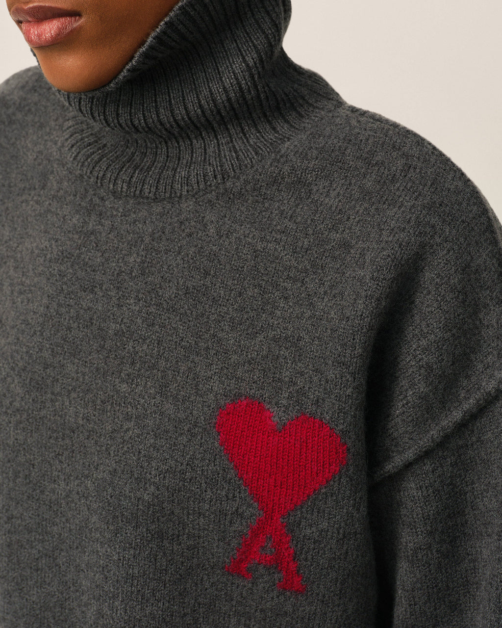AMI Paris Ami de Cœur Large Logo Funnel Neck Sweater — Charcoal / Red — logo and knit detail