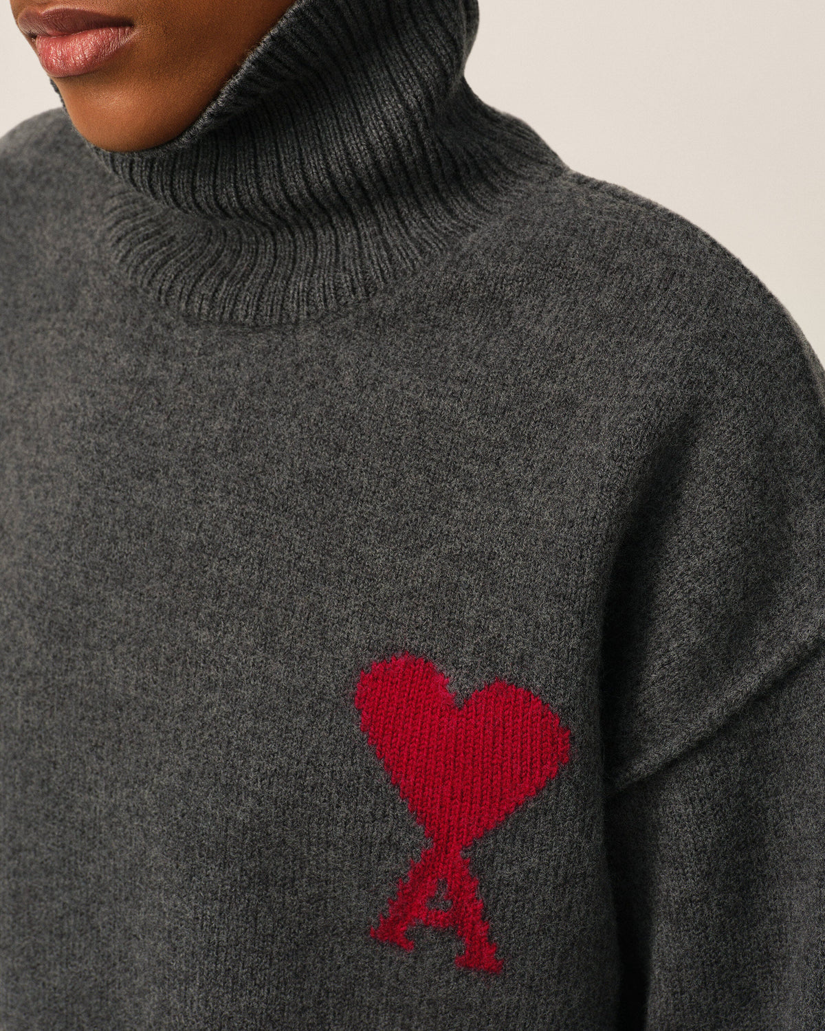 AMI Paris Ami de Cœur Large Logo Funnel Neck Sweater — Charcoal / Red — logo and knit detail