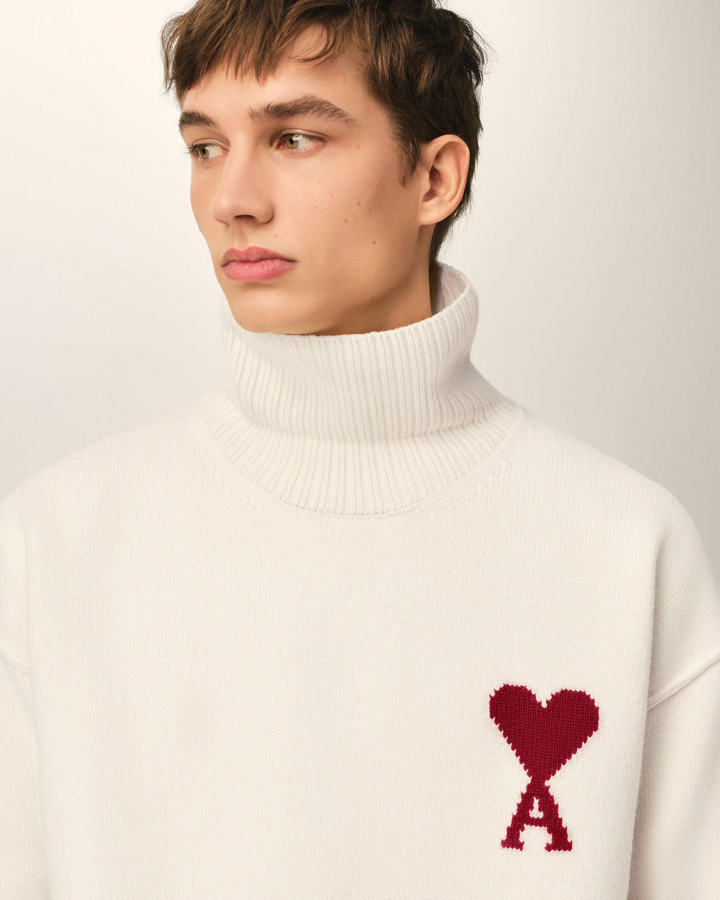AMI Paris Ami de Cœur Large Logo Funnel Neck Sweater — Ecru / Red — logo and knit detail