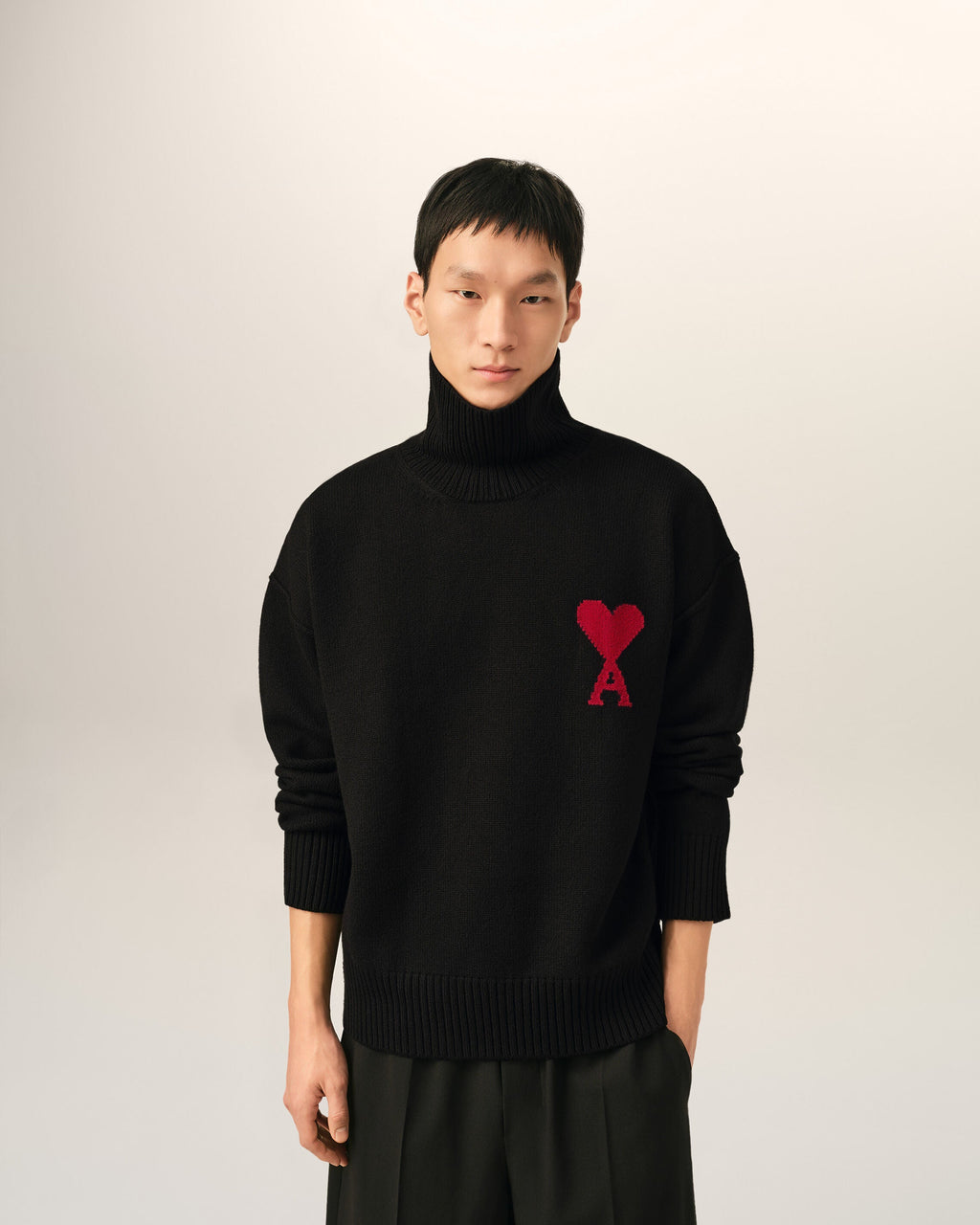 AMI Paris Ami de Cœur Large Logo Funnel Neck Sweater — Black / Red — styled front view