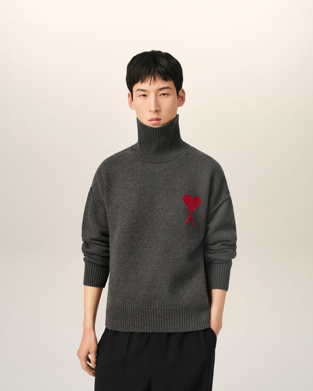 AMI Paris Ami de Cœur Large Logo Funnel Neck Sweater — Charcoal / Red — styled front view