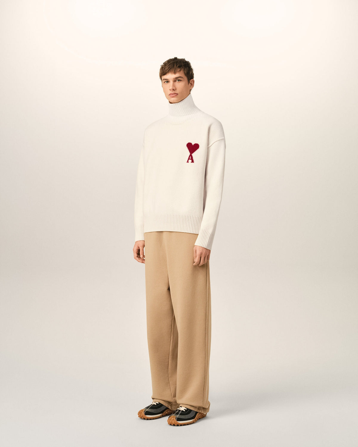 AMI Paris Ami de Cœur Large Logo Funnel Neck Sweater — Ecru / Red — styled side view