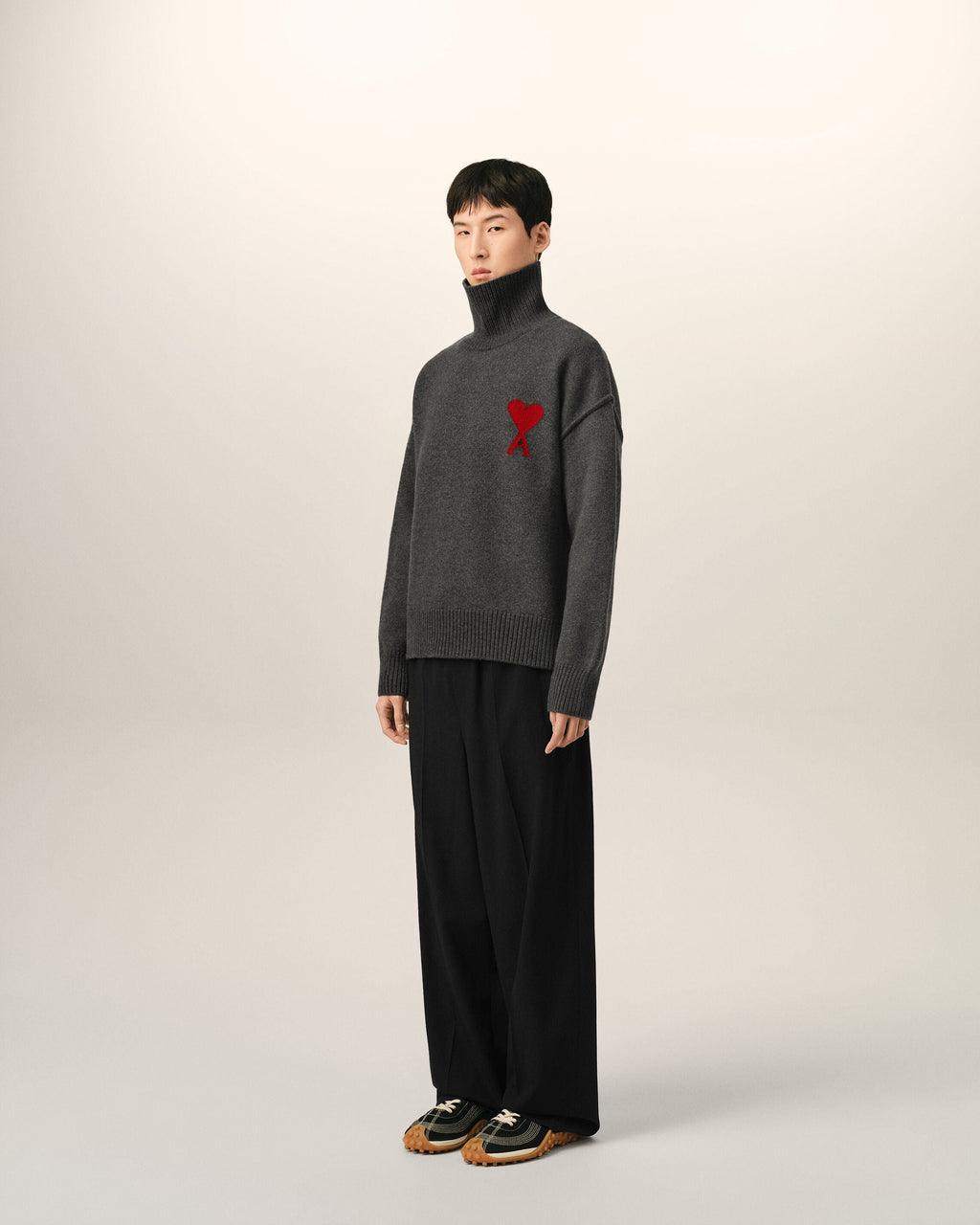 AMI Paris Ami de Cœur Large Logo Funnel Neck Sweater — Charcoal / Red — styled side view